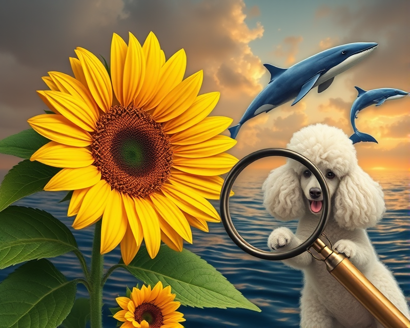 sunflower, squirrel, whale, magnifying glass, poodle